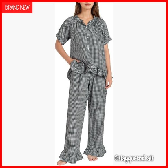 Plus Size Cotton Pajama Set with Ruffles Loose Fit Button Front Top